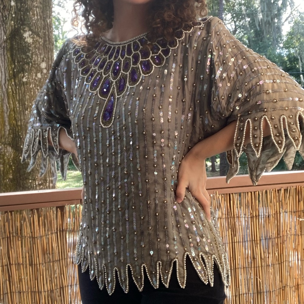100% Silk vtg Beaded Peacock Blouse